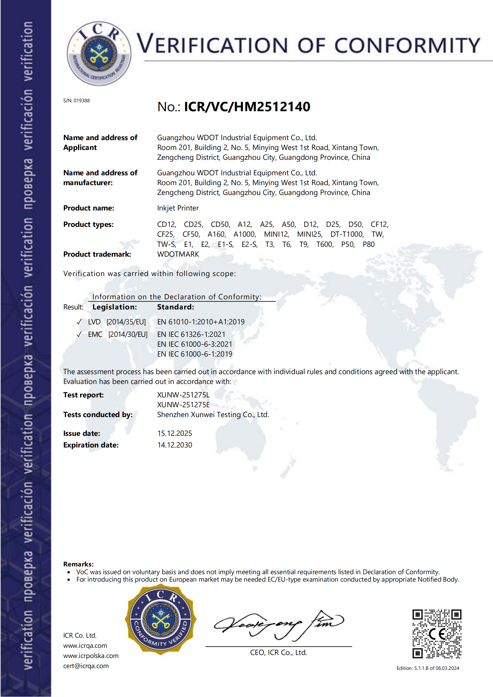 CE Inkjet Printer certificate